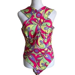 NWT AKIRA Happy Daze Cross Over Cutout Halter Bodysuit Retro 70s Hippie Print L
